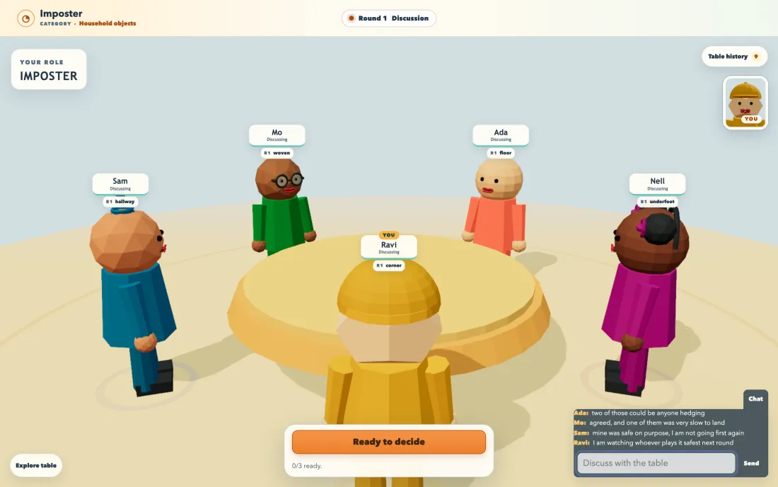 The same table during discussion, with all five clues now showing above the players and a chat window carrying four messages. The corner card names the local player's role as imposter rather than a word.